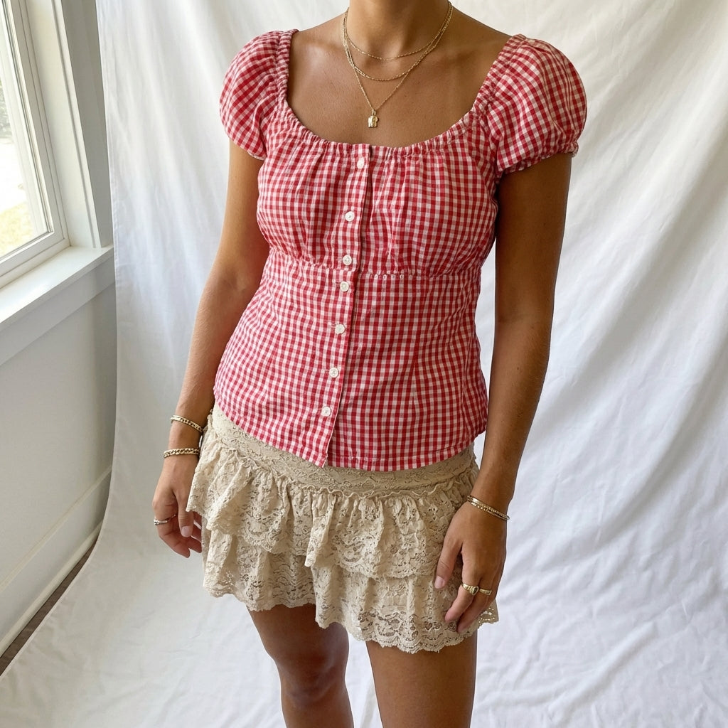Vintage Y2K cotton gingham red milkmaid cami size 12-14
