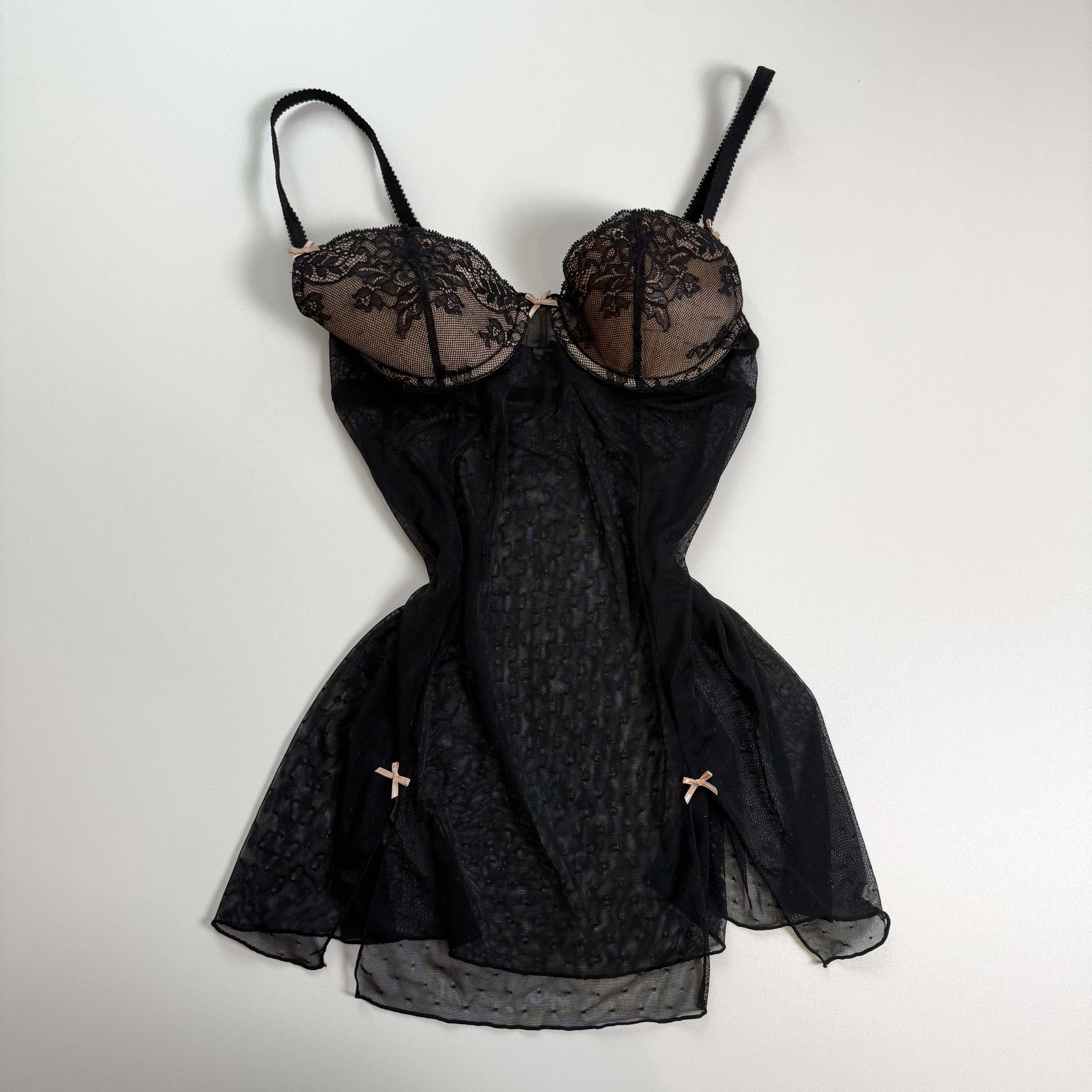 Vintage Y2K black beige mesh babydoll size S