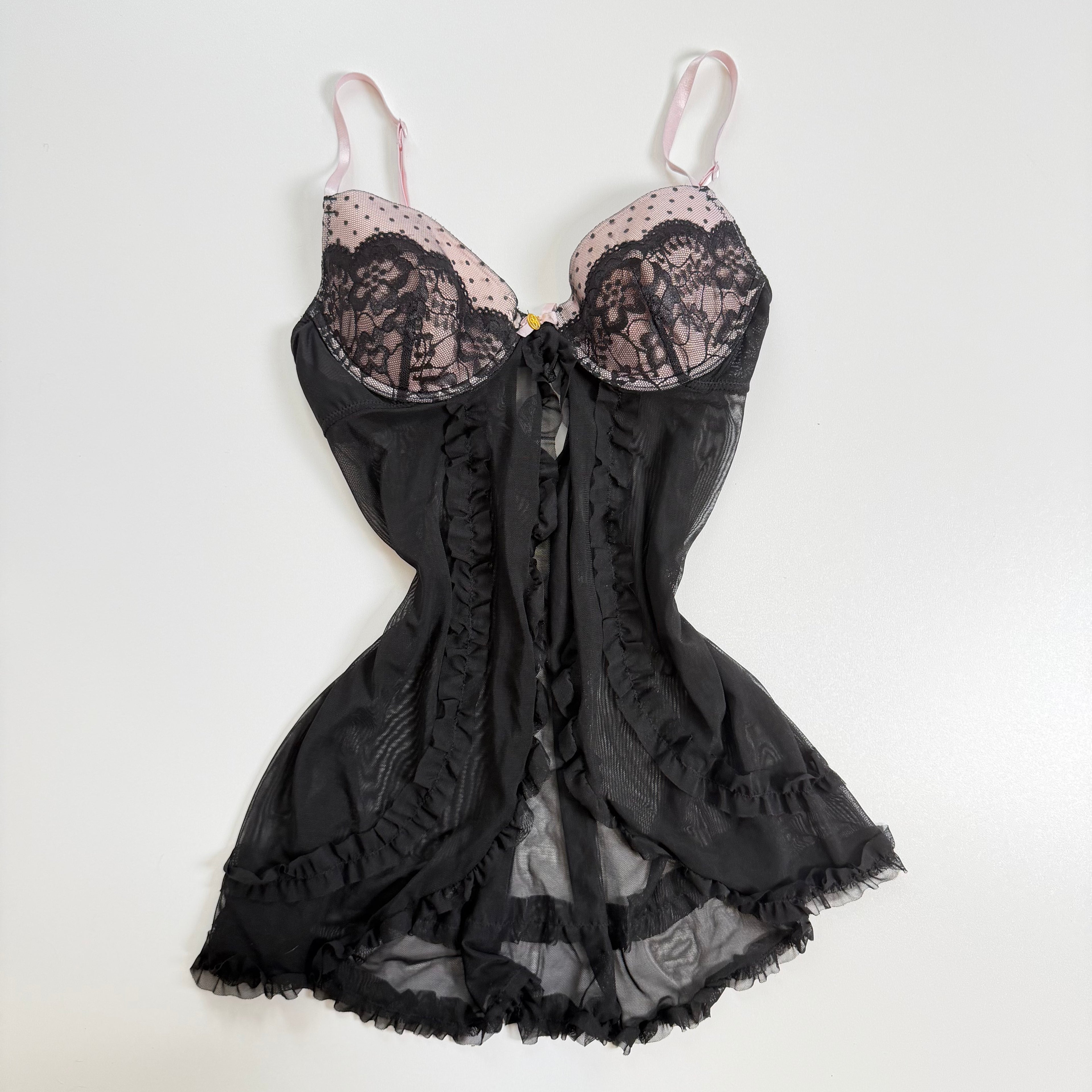 Vintage Y2K black polka dot flowy mesh babydoll size S