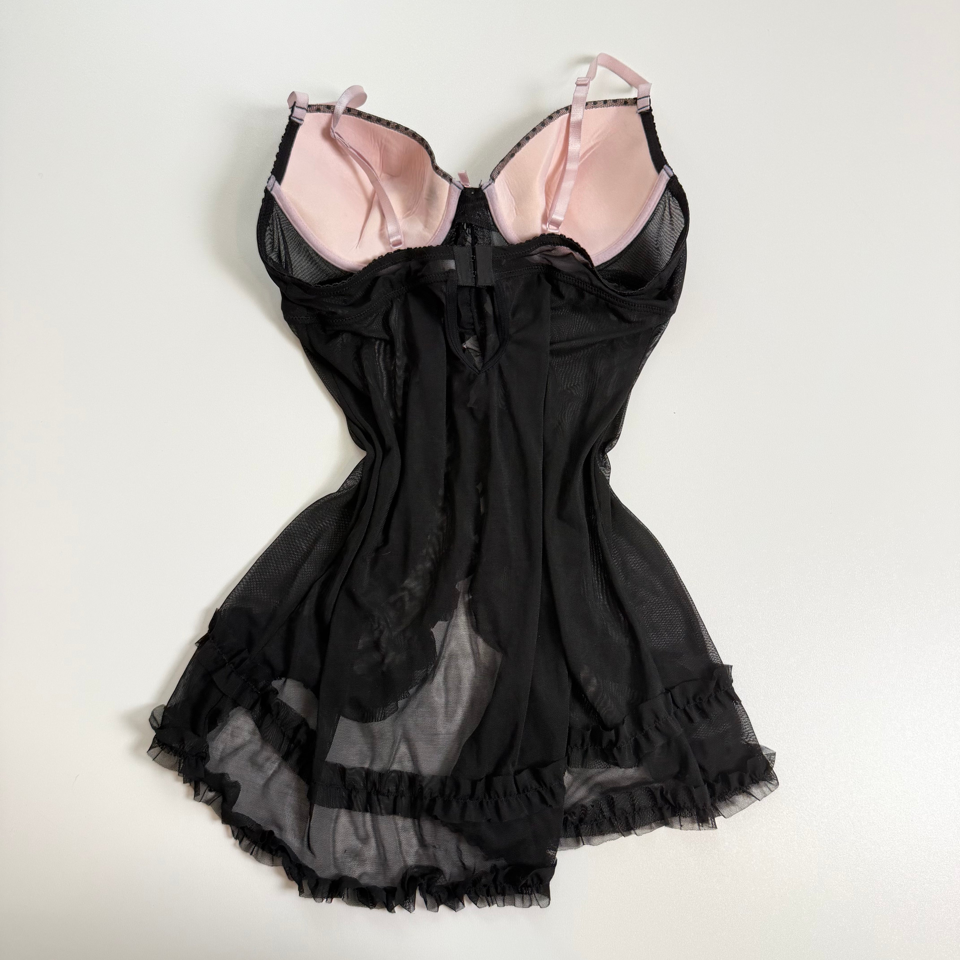 Vintage Y2K black polka dot flowy mesh babydoll size S