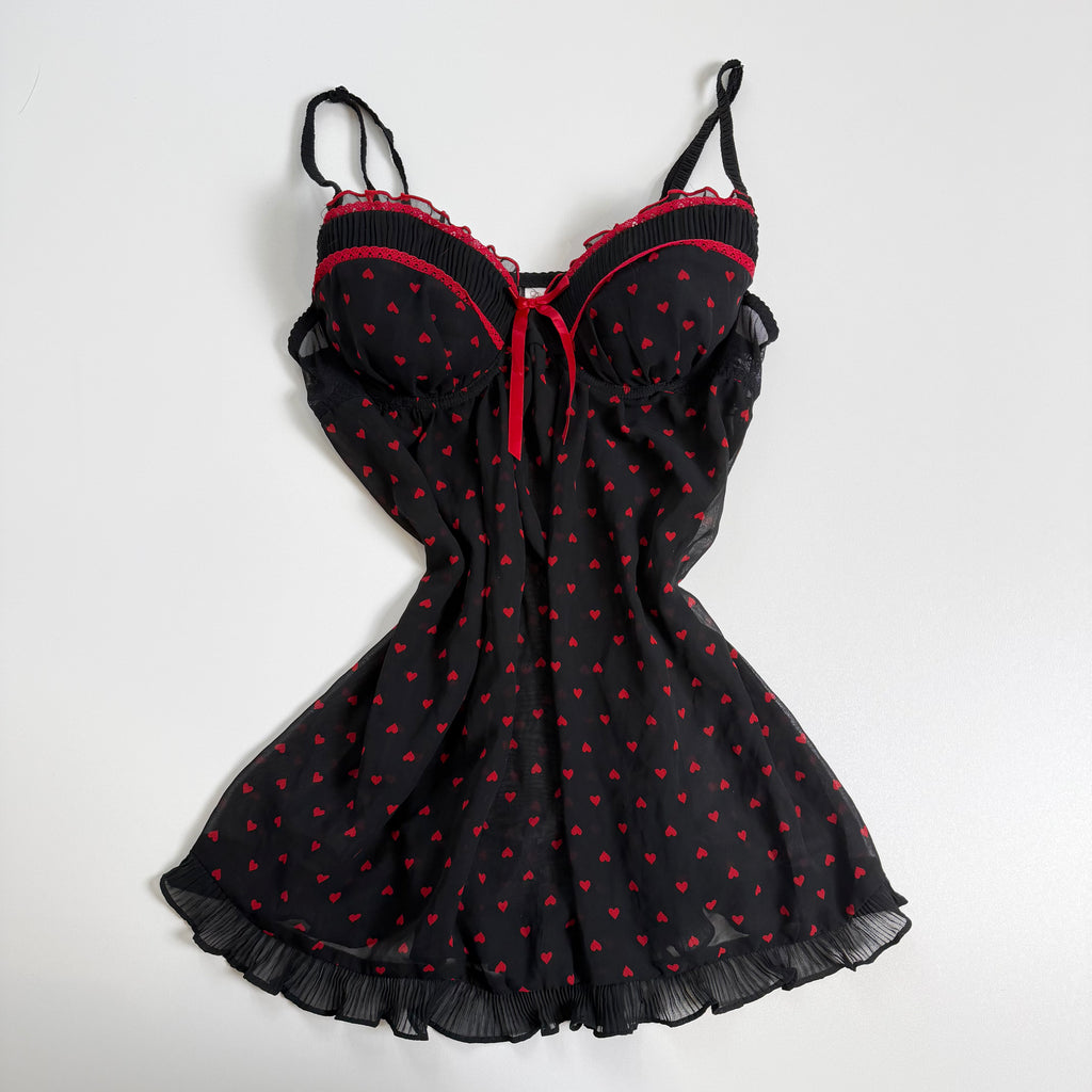 Vintage Y2K black red heart polka dot flowy mesh babydoll size L