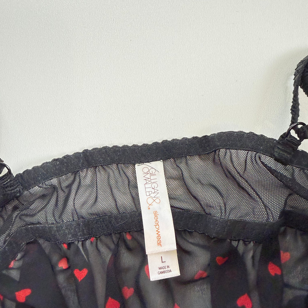 Vintage Y2K black red heart polka dot flowy mesh babydoll size L