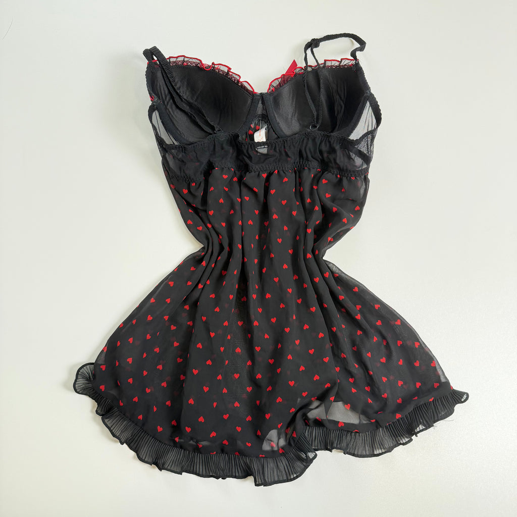 Vintage Y2K black red heart polka dot flowy mesh babydoll size L