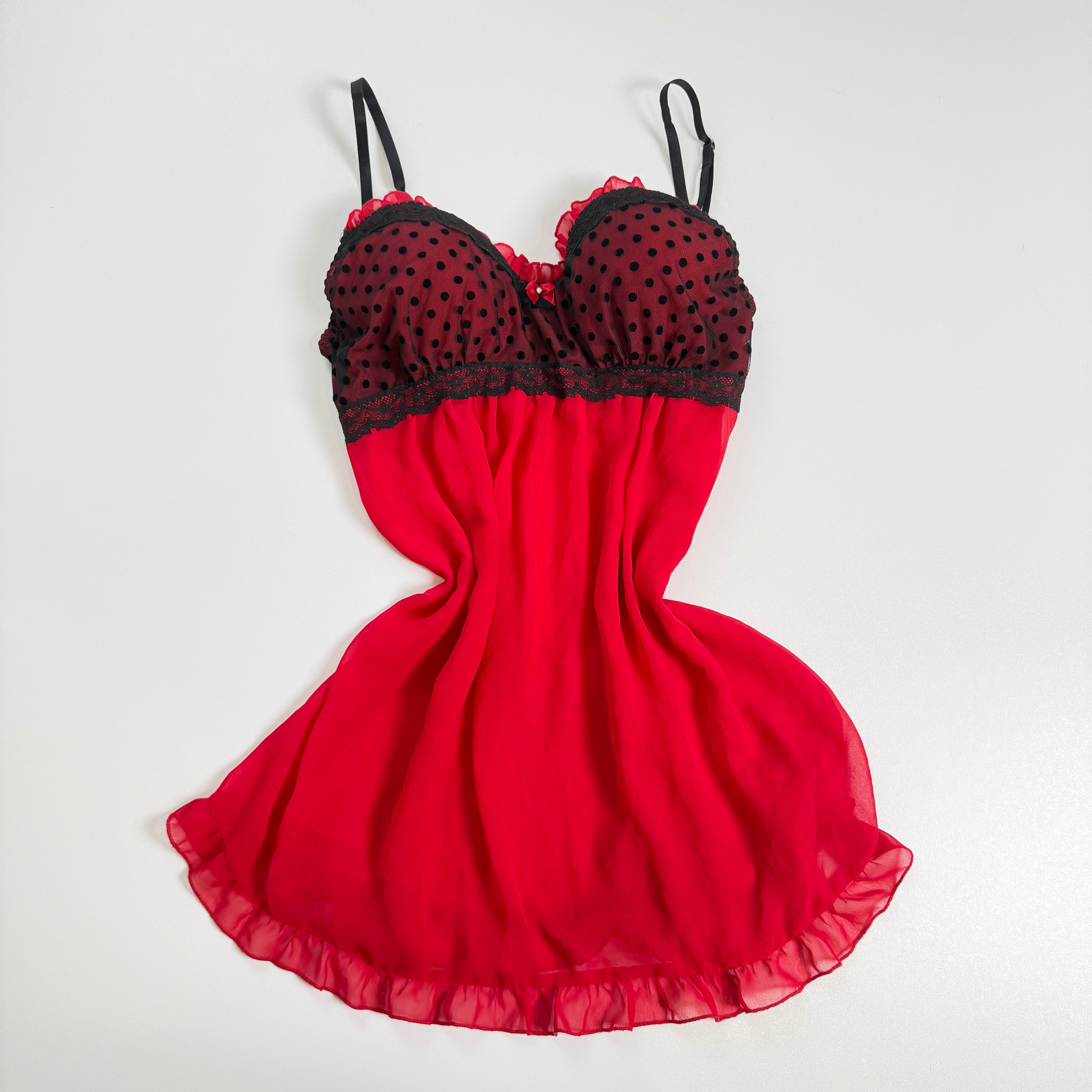 Vintage Y2K black red polka dot mesh flowy babydoll size M/L