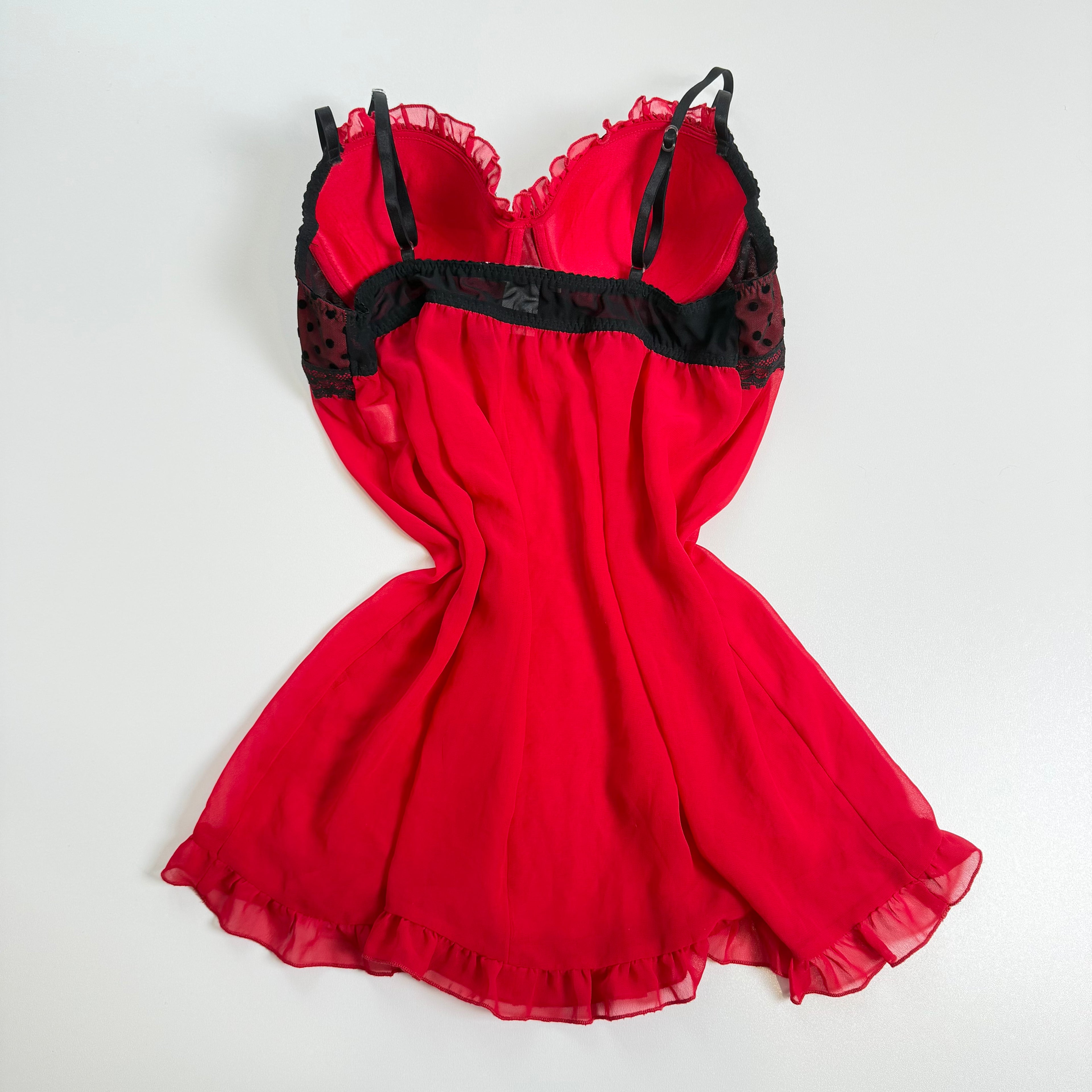 Vintage Y2K black red polka dot mesh flowy babydoll size M/L