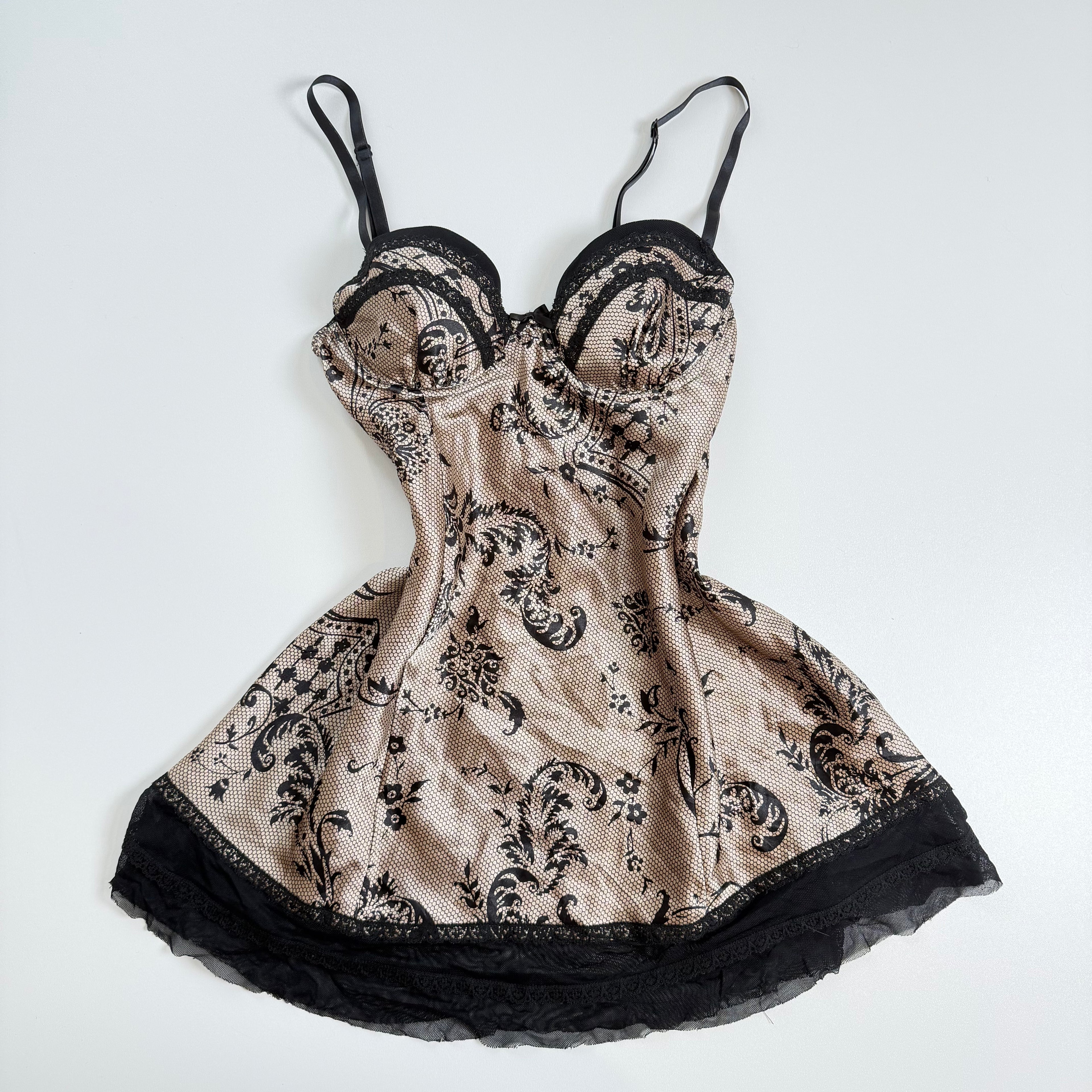 Vintage Y2K silky boho grunge flowy beige black babydoll size M