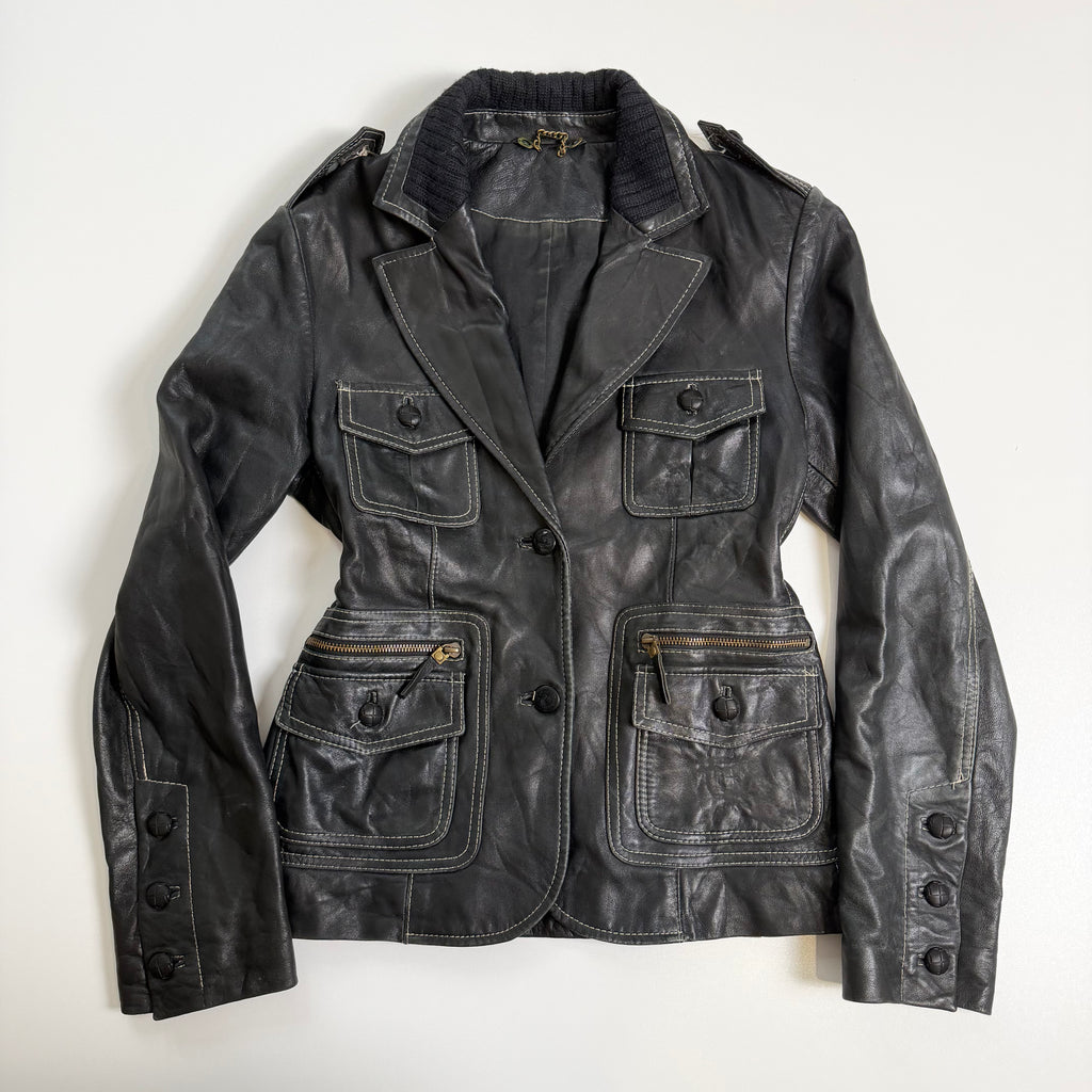 Vintage Y2K black button blazer leather jacket size M