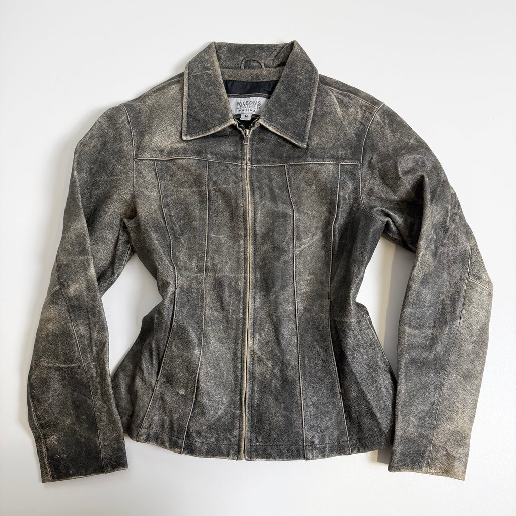 Vintage Y2K khaki washed leather jacket size L