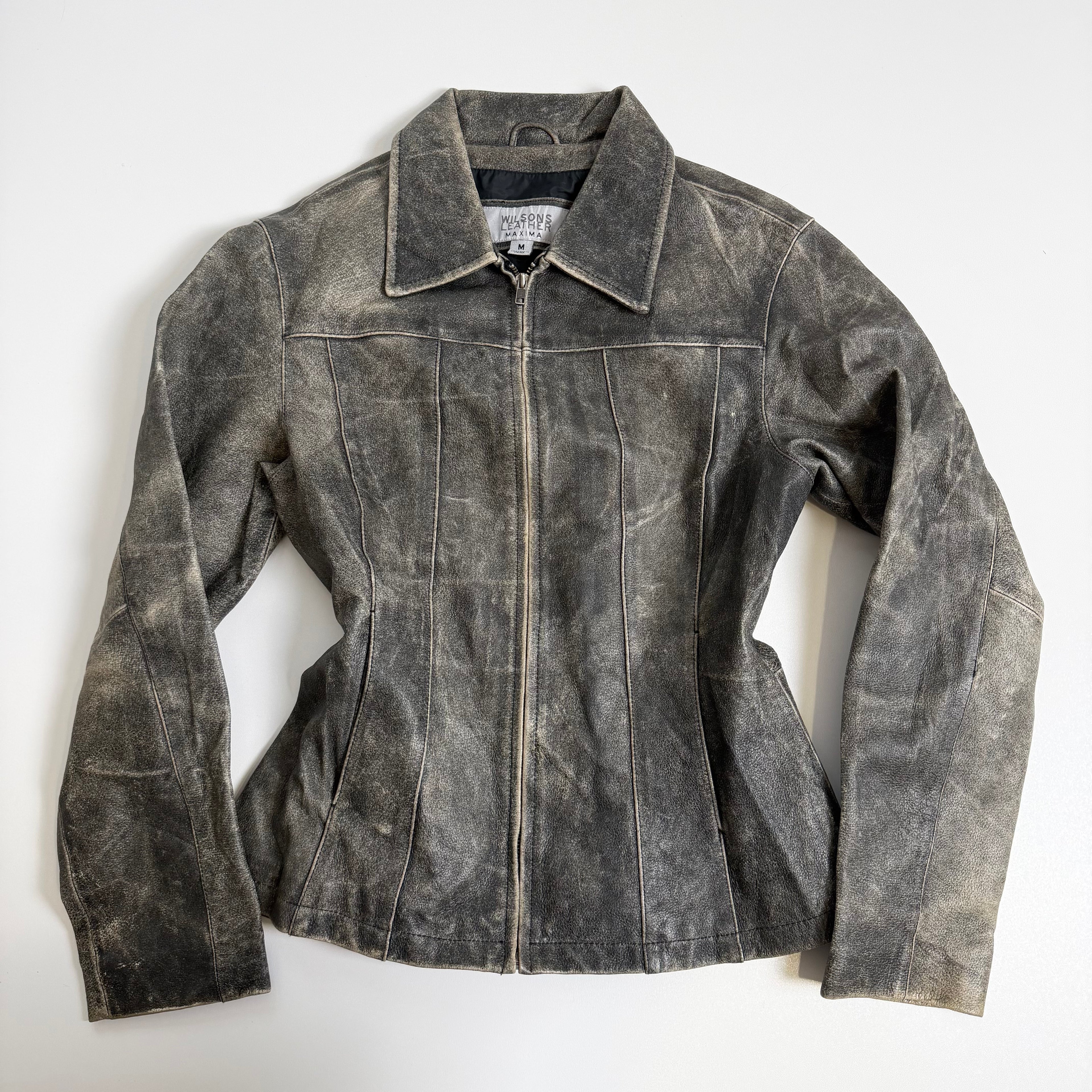 Vintage Y2K khaki washed leather jacket size L