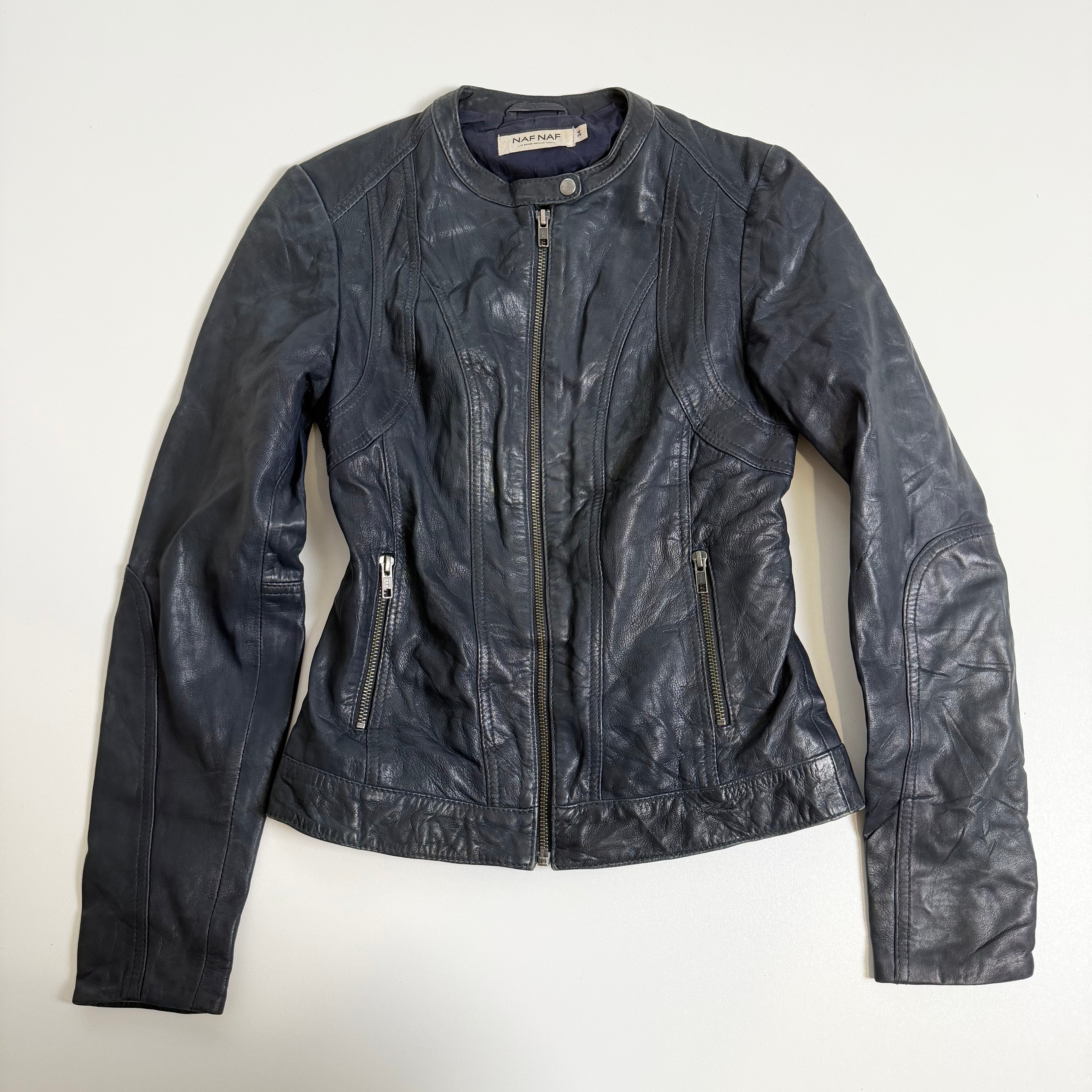 Vintage Y2K navy fitted leather jacket size XS