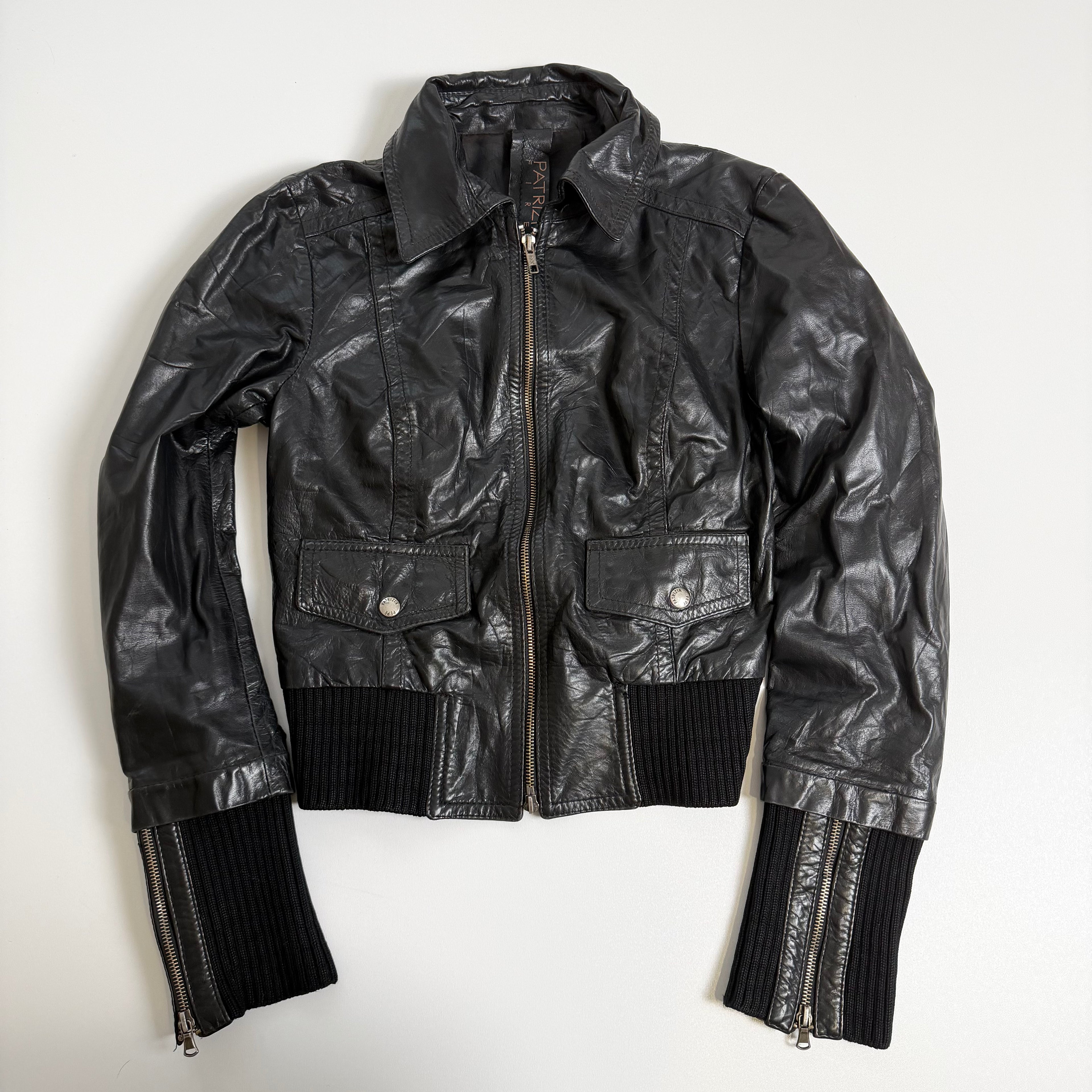 Vintage Y2K black knit zip fitted leather jacket size S