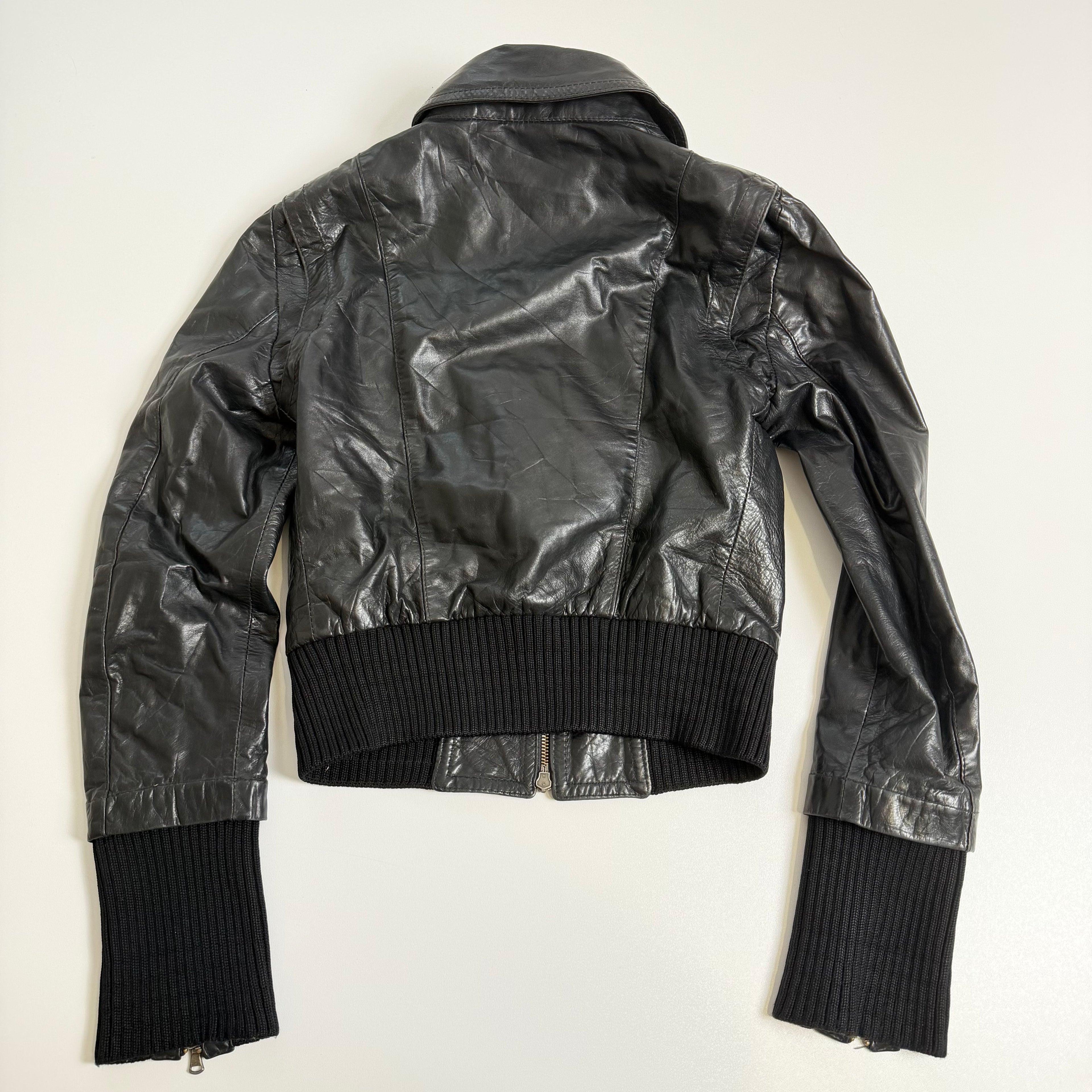 Vintage Y2K black knit zip fitted leather jacket size S
