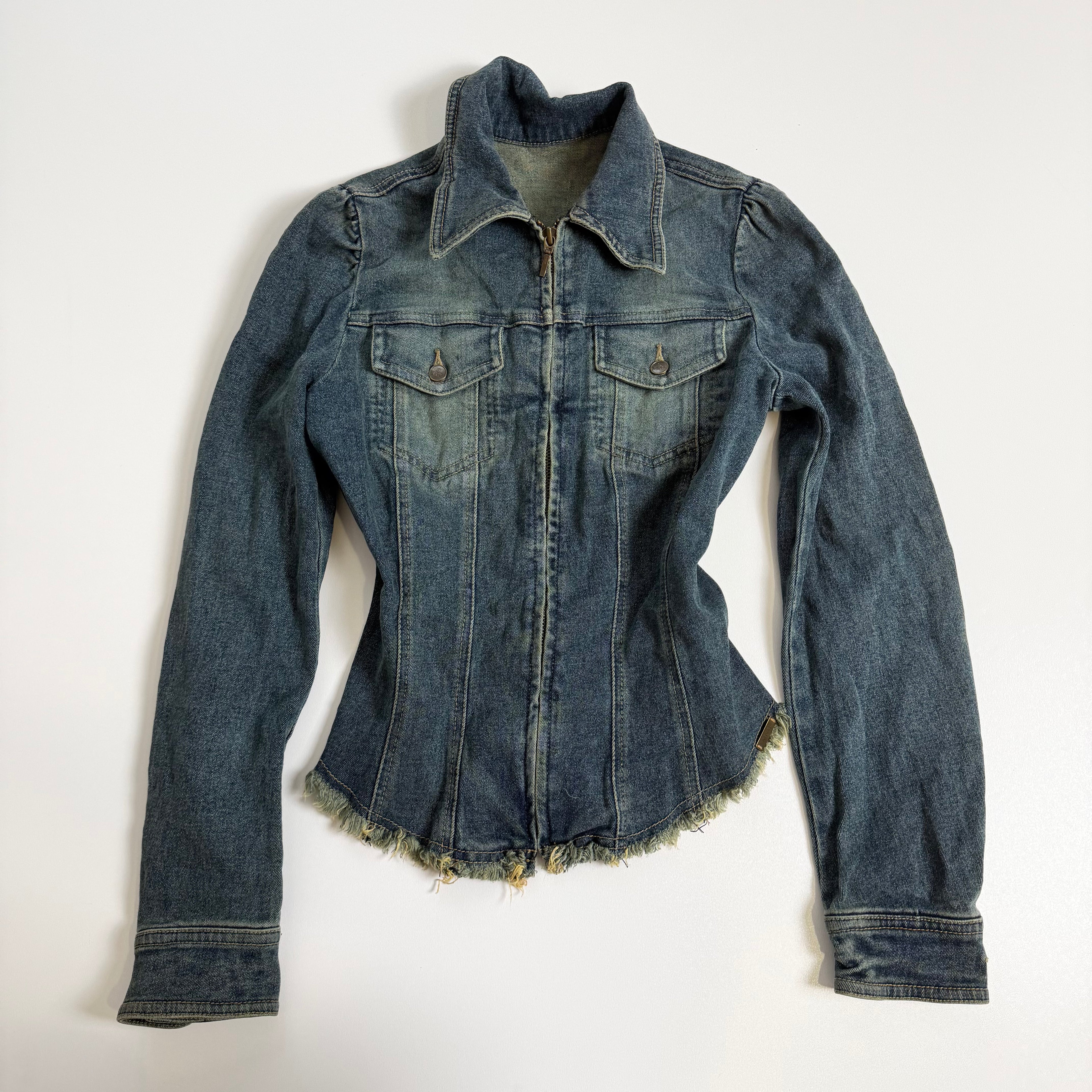 Vintage Y2K fitted distressed denim jacket size S